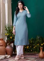 Cotton Sky Blue Casual Wear Hand Work Readymade Kurti With Pant